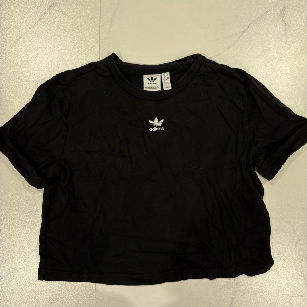 adidas Black Short Sleeve Cropped Tee with White Trefoil Logo